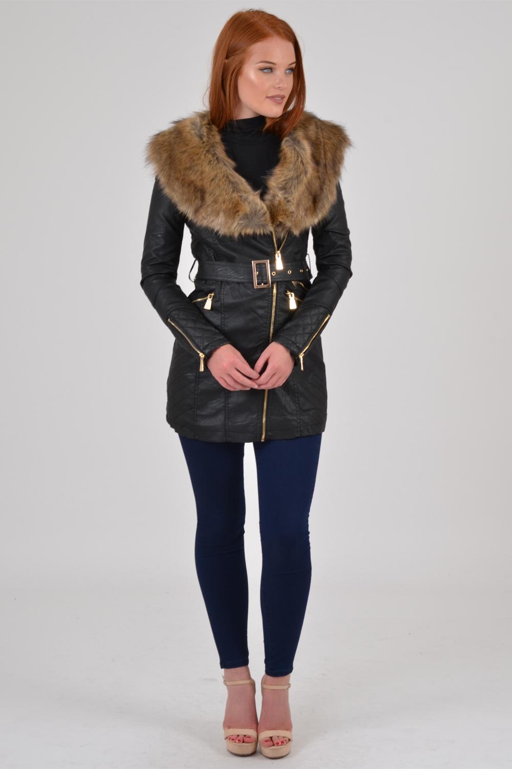 Fur Trim Biker Jacket Black/Beige Fur – First Avenue Fashions